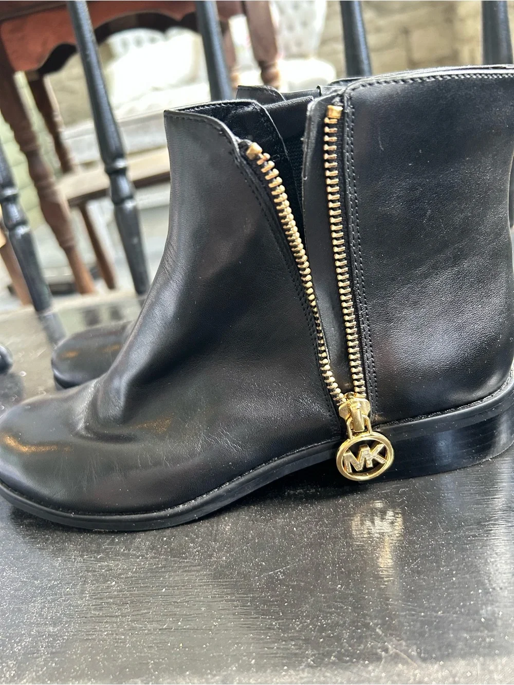 Michael Kors Black Leather Chukka Boots with Gold MK Zipper Charm size 5.5
